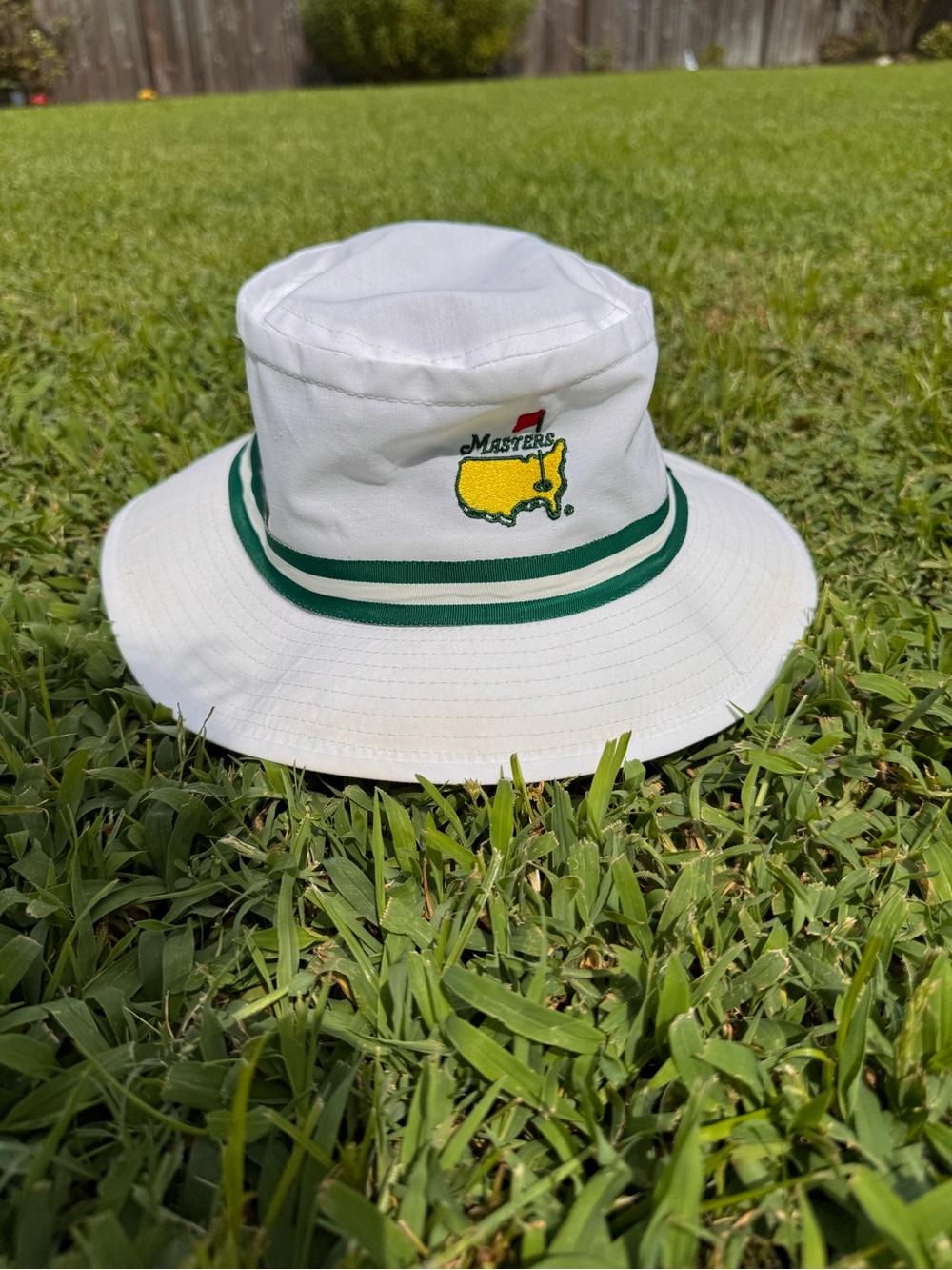 Masters White Bucket Hat with Green Stripes and Yellow Logo